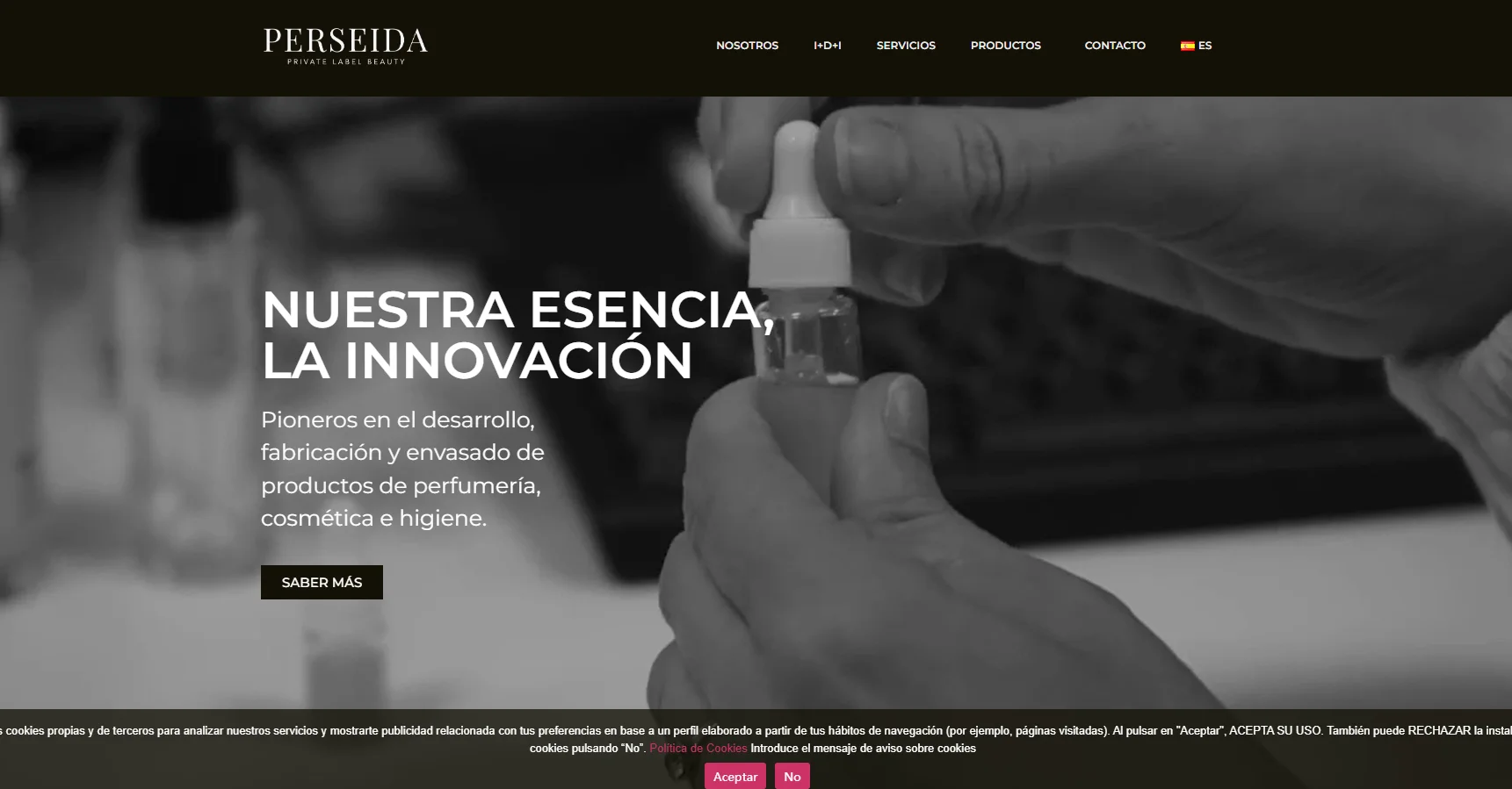 Hands holding a small bottle with dropper next to text promoting Perseida as pioneers in perfume and cosmetic products.